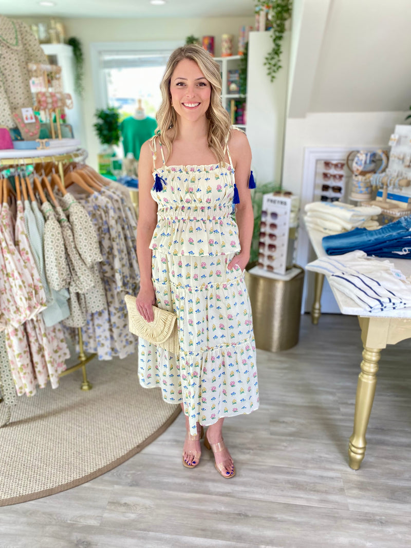 Stamp Floral Print Tiered Midi Skirt