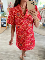 V-Ruffle Neck Mandala Jaquard Dress