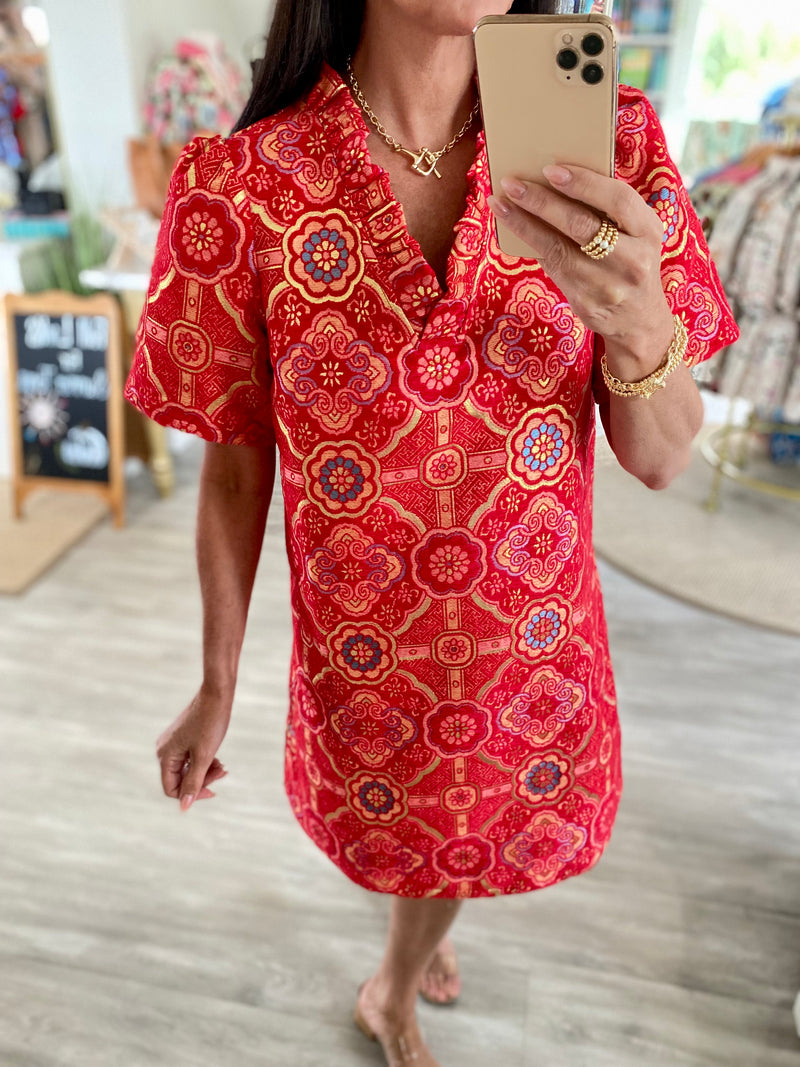 V-Ruffle Neck Mandala Jaquard Dress
