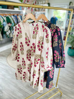 Floral Print Split Neck 3/4 Sleeve Mini Dress
