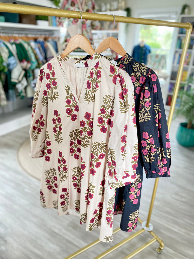 Floral Print Split Neck 3/4 Sleeve Mini Dress