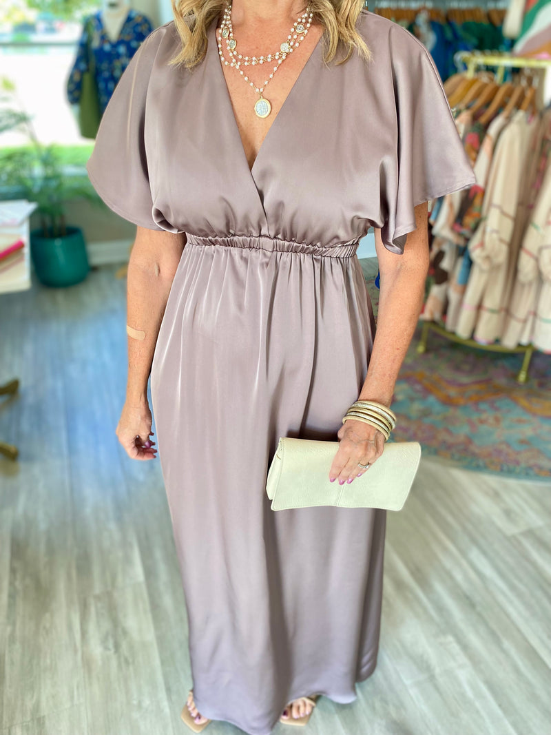 Satin Flutter Sleeve Maxi Dress