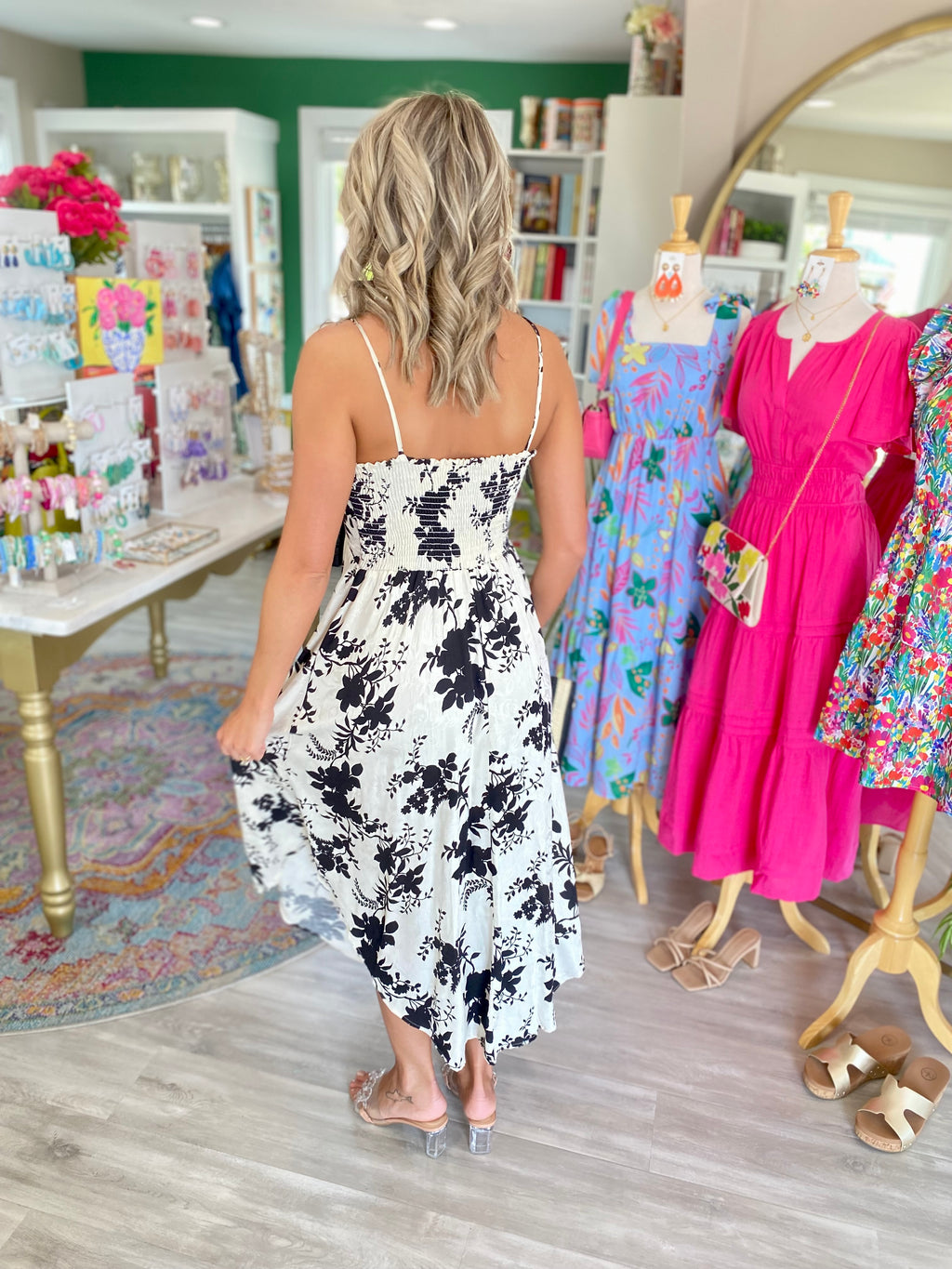 Two Tone Floral Print Ruched Bust Midi Dress