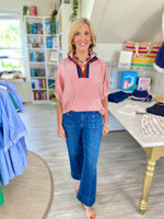 Contrast Stripe Seersucker Dolman Sleeve Top