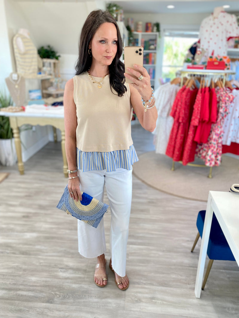 Mixed Material Sleeveless Ruffle Hem Top