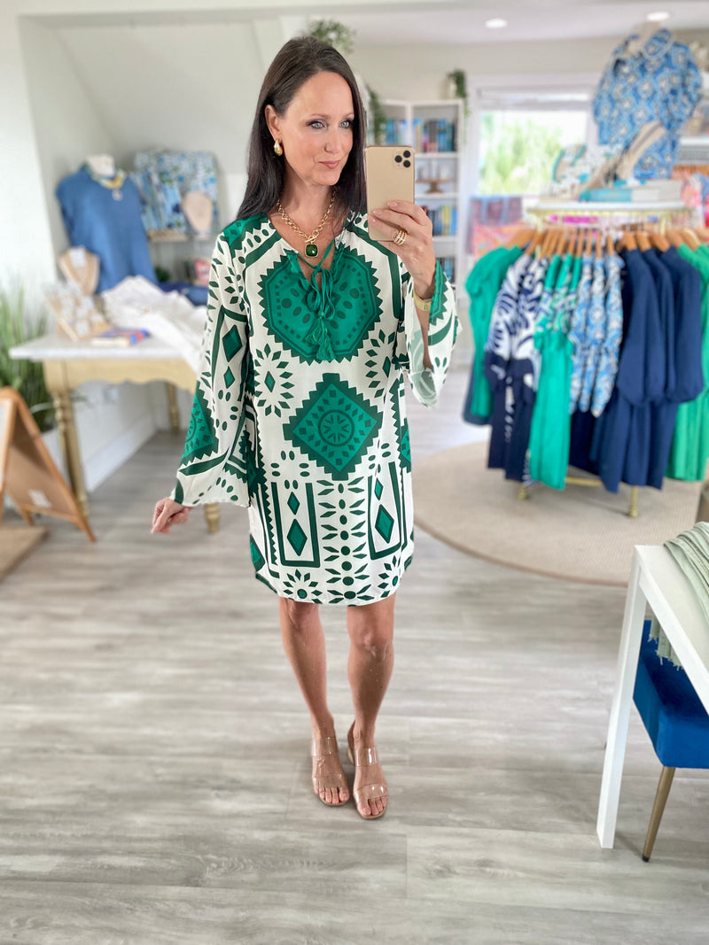 Printed Long Bell Sleeve Front Tie Mini Dress