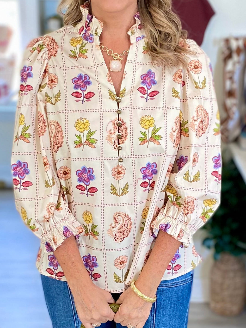 Floral And Paisley Grid Print 3/4 Sleeve Top
