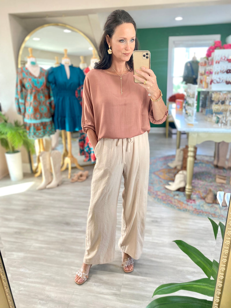 Dropped Shoulder 3/4 Sleeve Woven Top