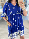Two Tone Border Print Scalloped Trim Mini Dress