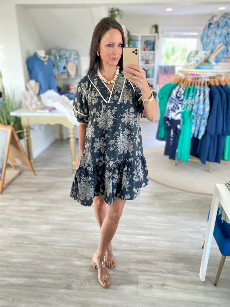 Floral Print Piping Detail V Neck Mini Dress