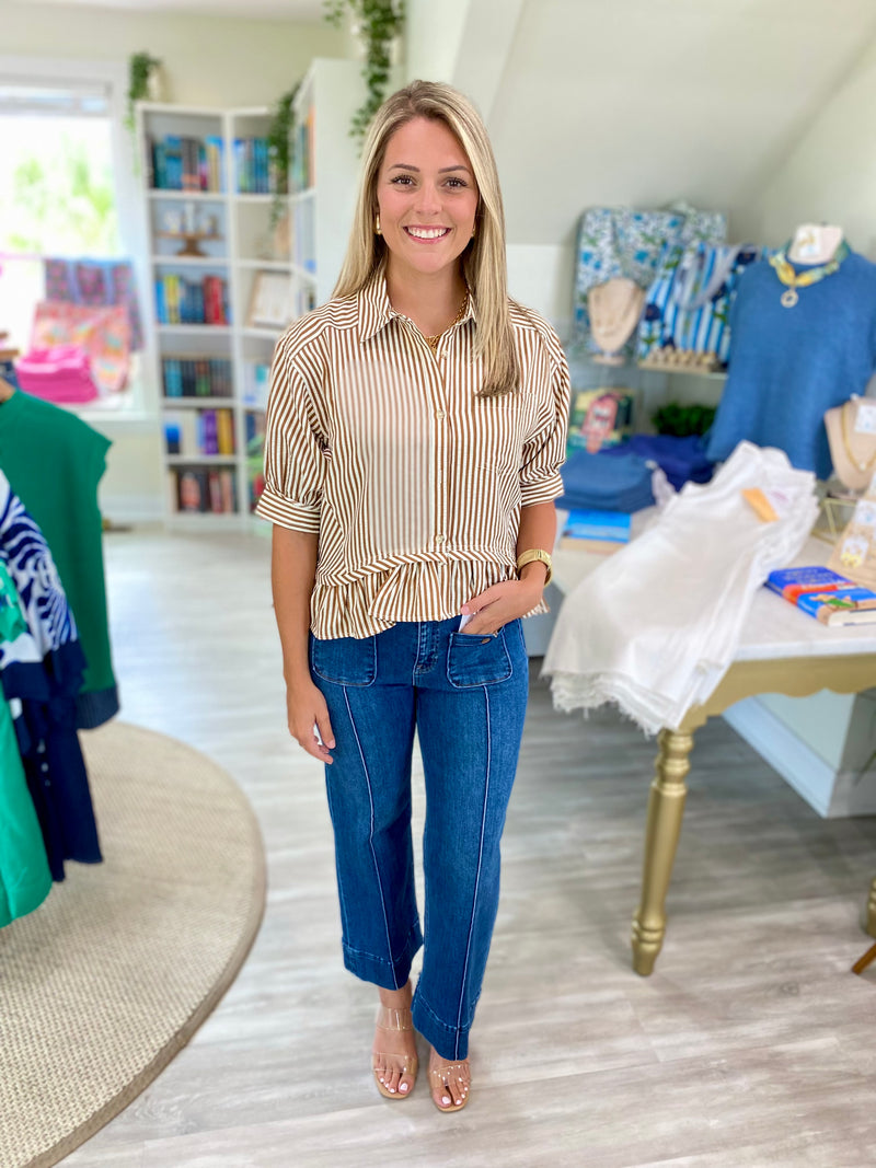 Stripe 3/4 Sleeve Ruffle Hem Top