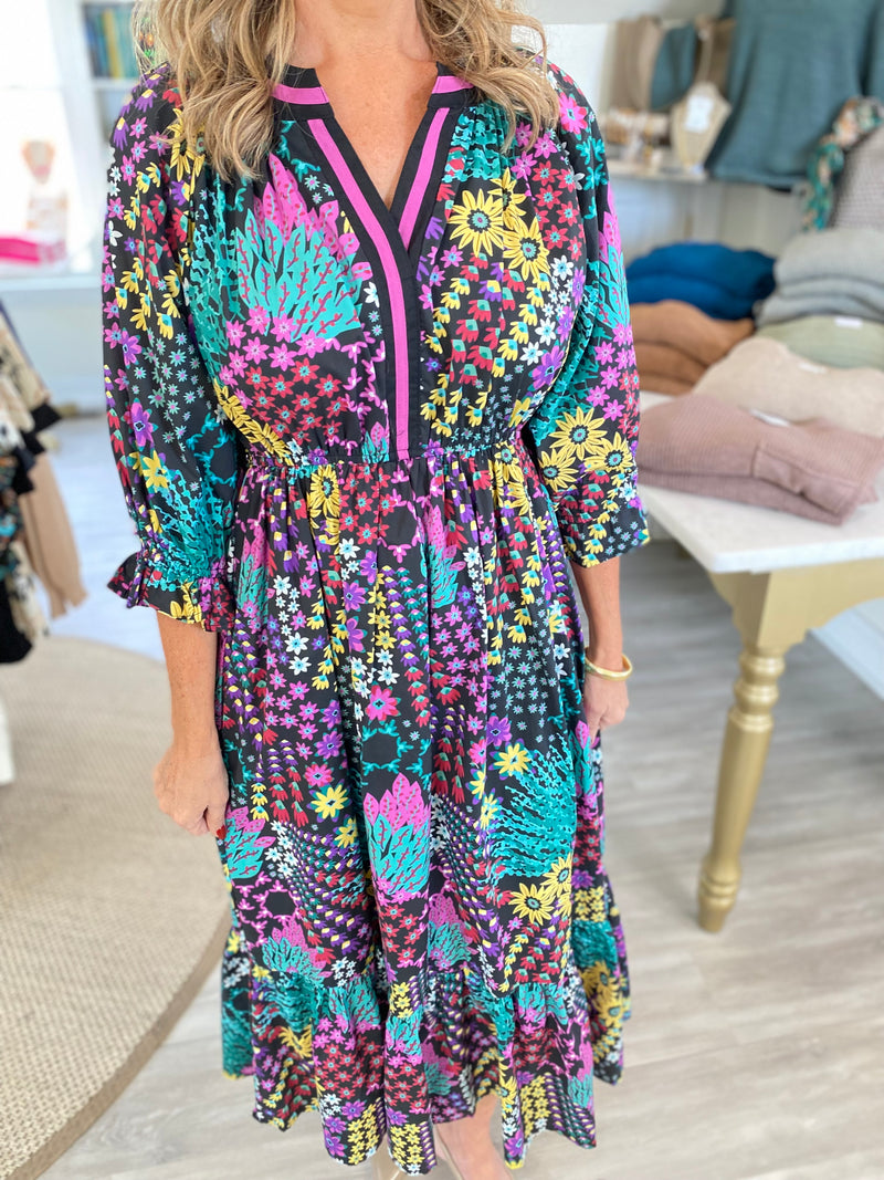 Floral Print V-Neck Midi Dress