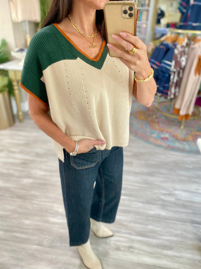 Color Block Short Sleeve Sweater