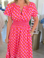 Paden Abstract Smocked Waist Midi Dress