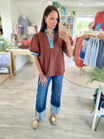Contrast Stripe  Band Puff Sleeve Top