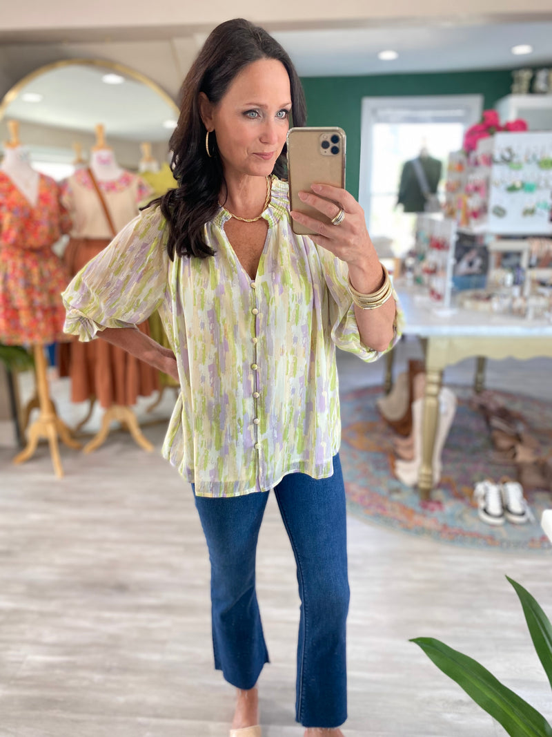 Smocked Neck Print Woven Top