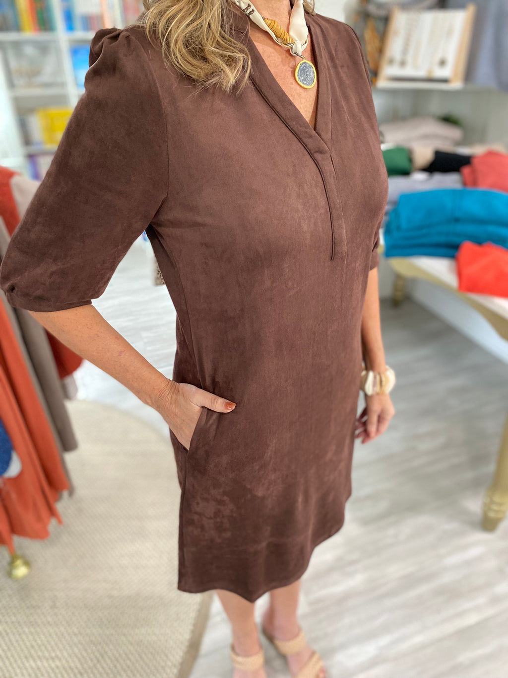 Faux Suede V Neck 3/4 Sleeve Mini Dress