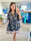 Floral Print Stripe Trim 3/4 Sleeve Front Tie Mini Dress