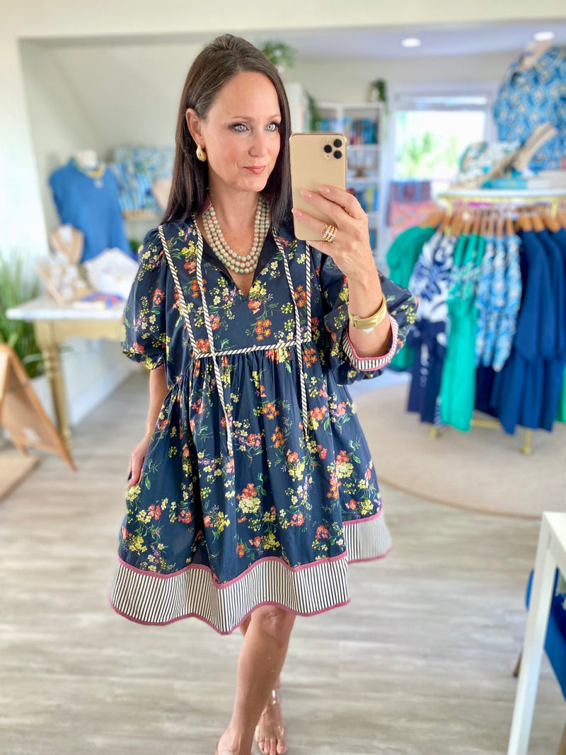 Floral Print Stripe Trim 3/4 Sleeve Front Tie Mini Dress