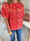 Puff Sleeve Mandala Jacqaurd Print Top