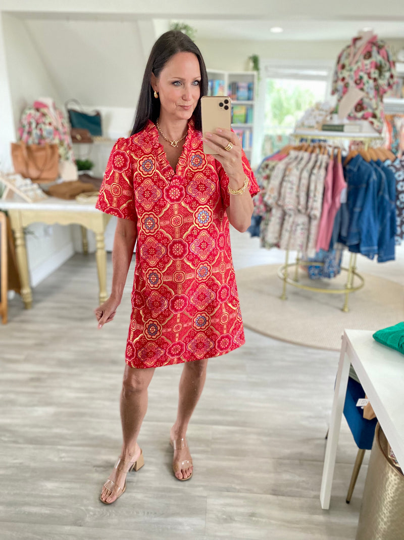 V-Ruffle Neck Mandala Jaquard Dress