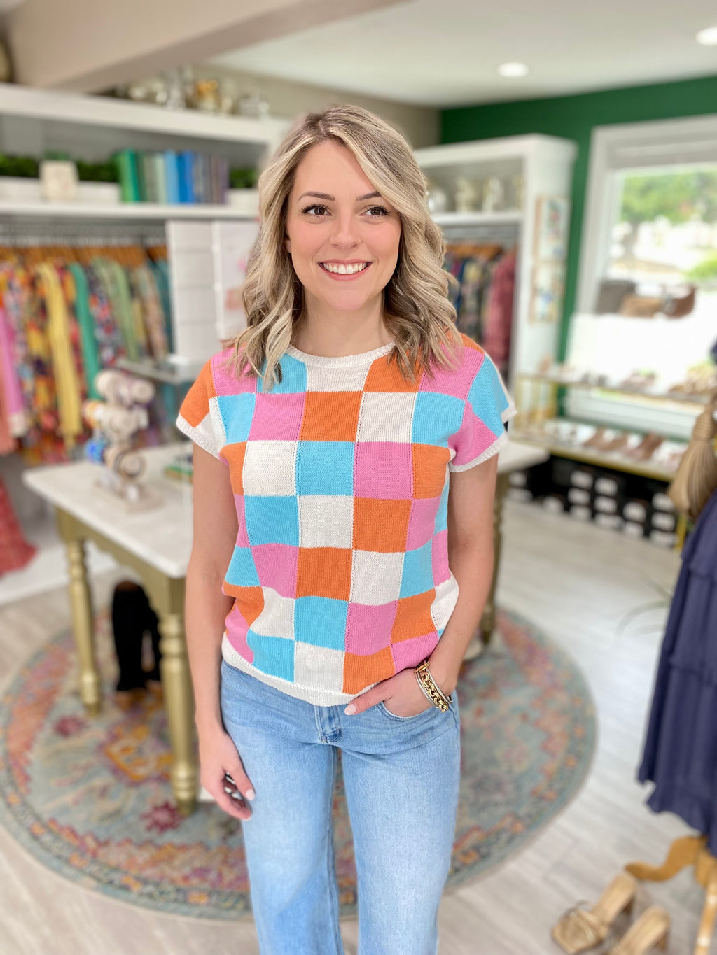 Multi Color Checkered Pattern Short Sleeve Sweater