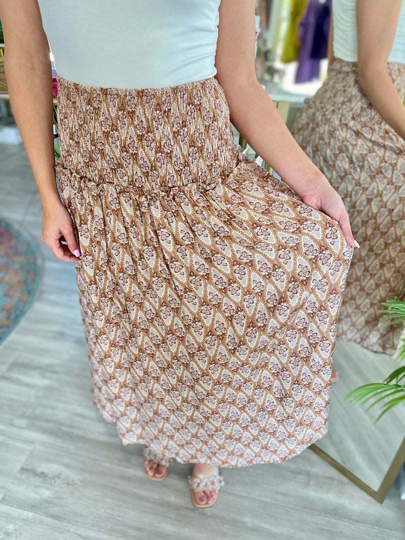 Smocked Waist Print Maxi Skirt