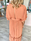 Ruched Sleeve Gold Stripe Maxi Dress