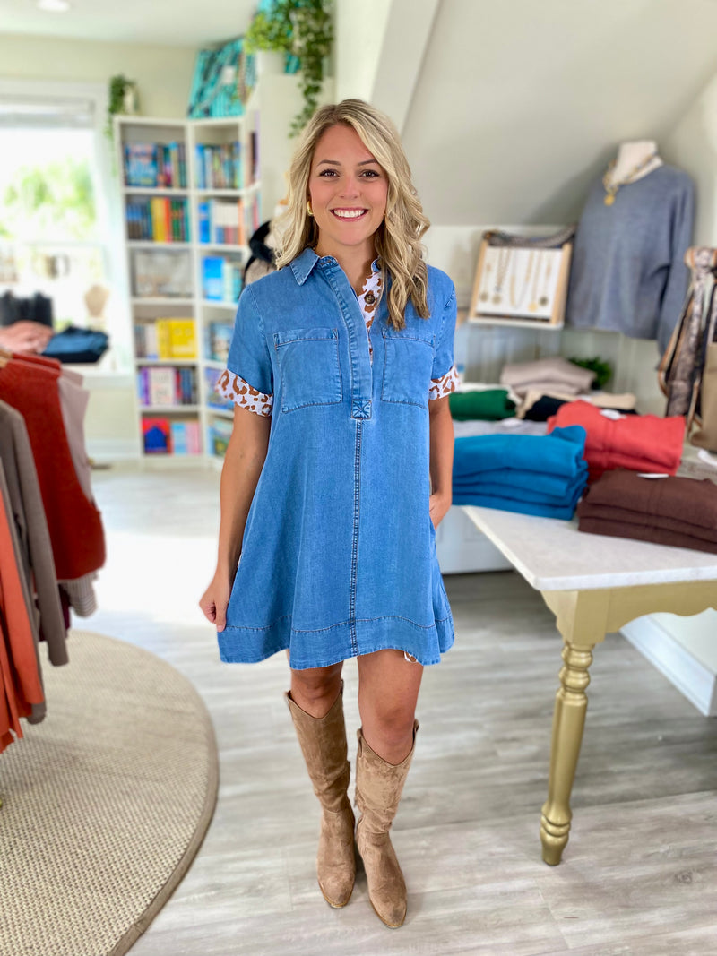 Animal Print Trim Denim Mini Dress