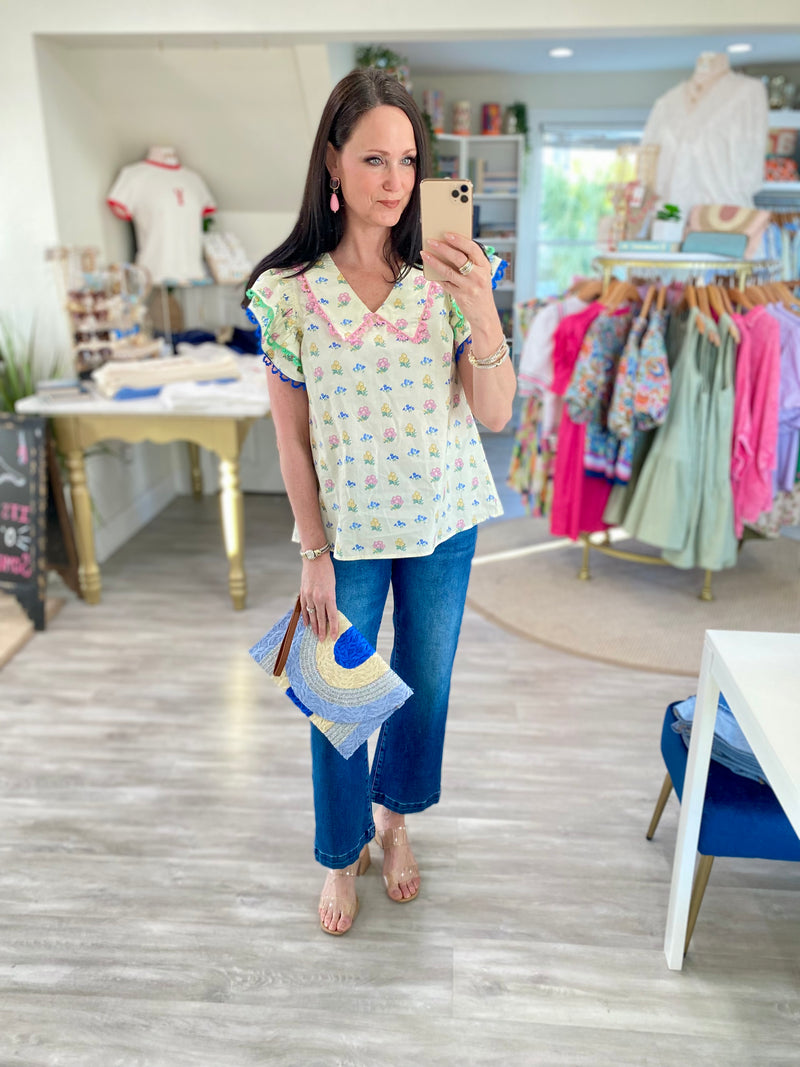 Stamp Floral Print Peter Pan Collar Top