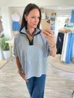 Contrast Stripe Seersucker Dolman Sleeve Top