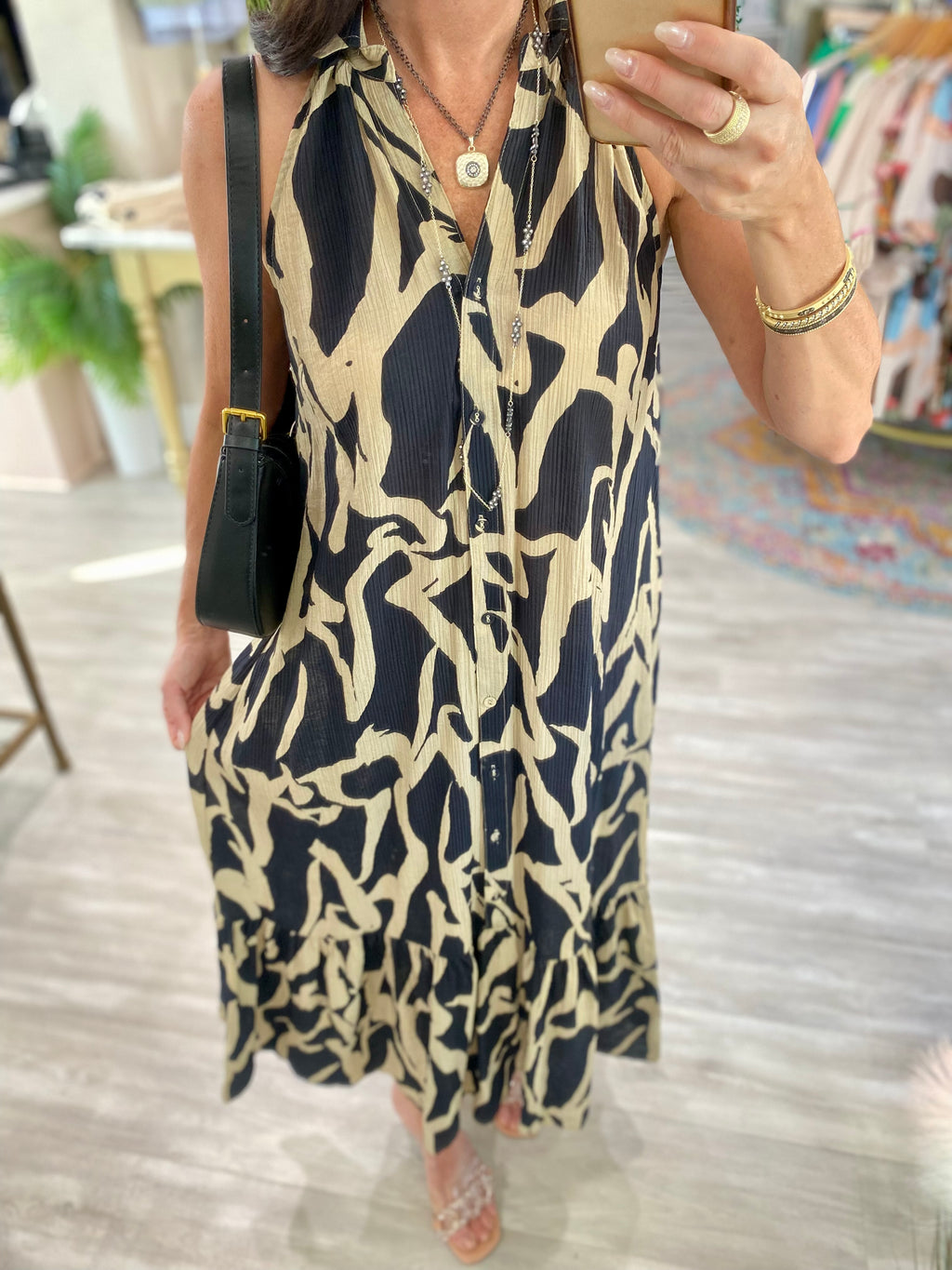 Abstract Print Halter Button Down Midi Dress