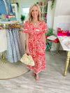 Short Sleeve Border Print Smocked Waist Midi Dress
