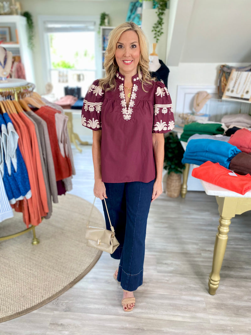 Embroidered Puff Sleeve and V Neck Top