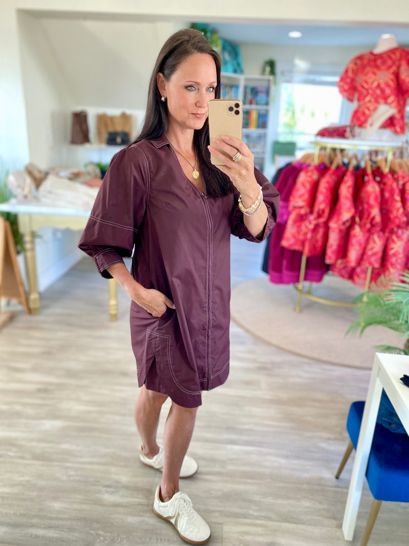 3/4 Lantern Sleeve Zipper Front Mini Dress