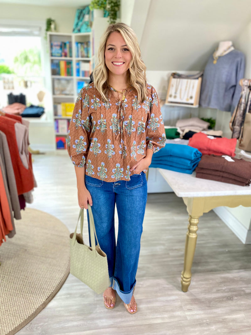 Botanical  Floral Tie-Neck Blouse