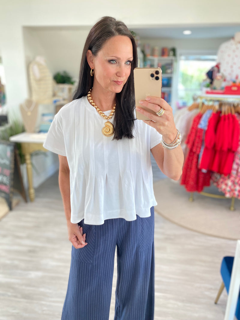 Cotton Knit Pleated Front Short Sleeve Top
