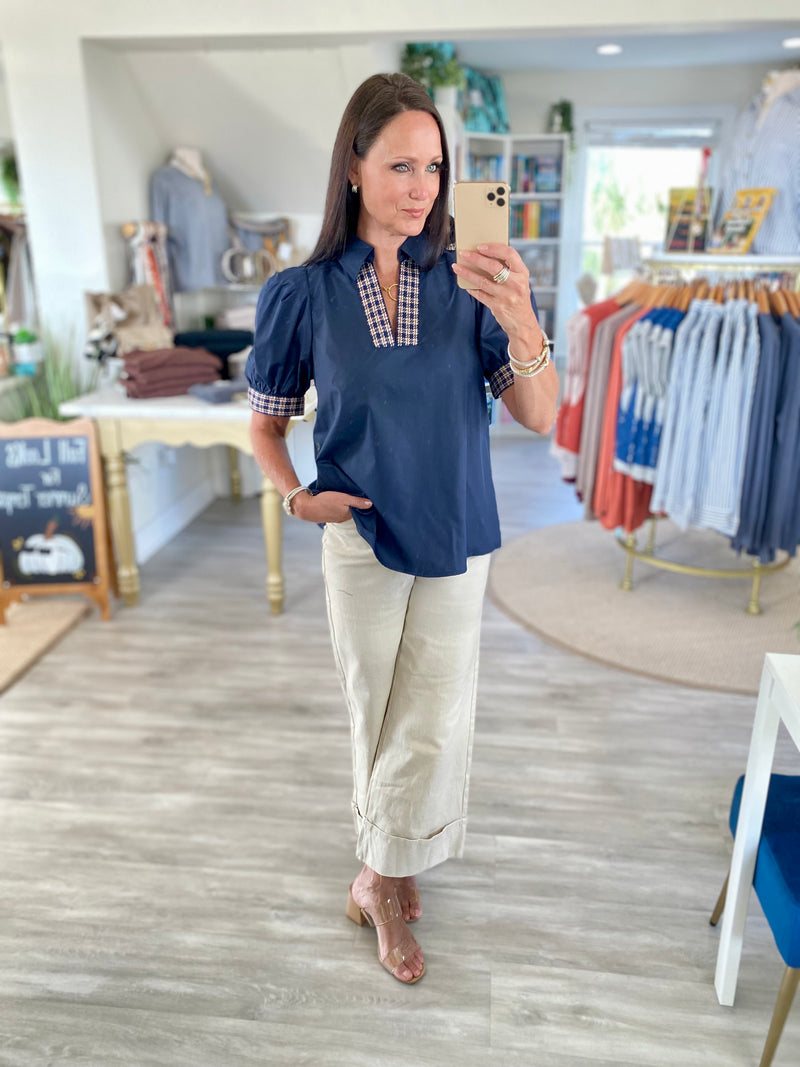 Plaid Trim Collared V Neck Top