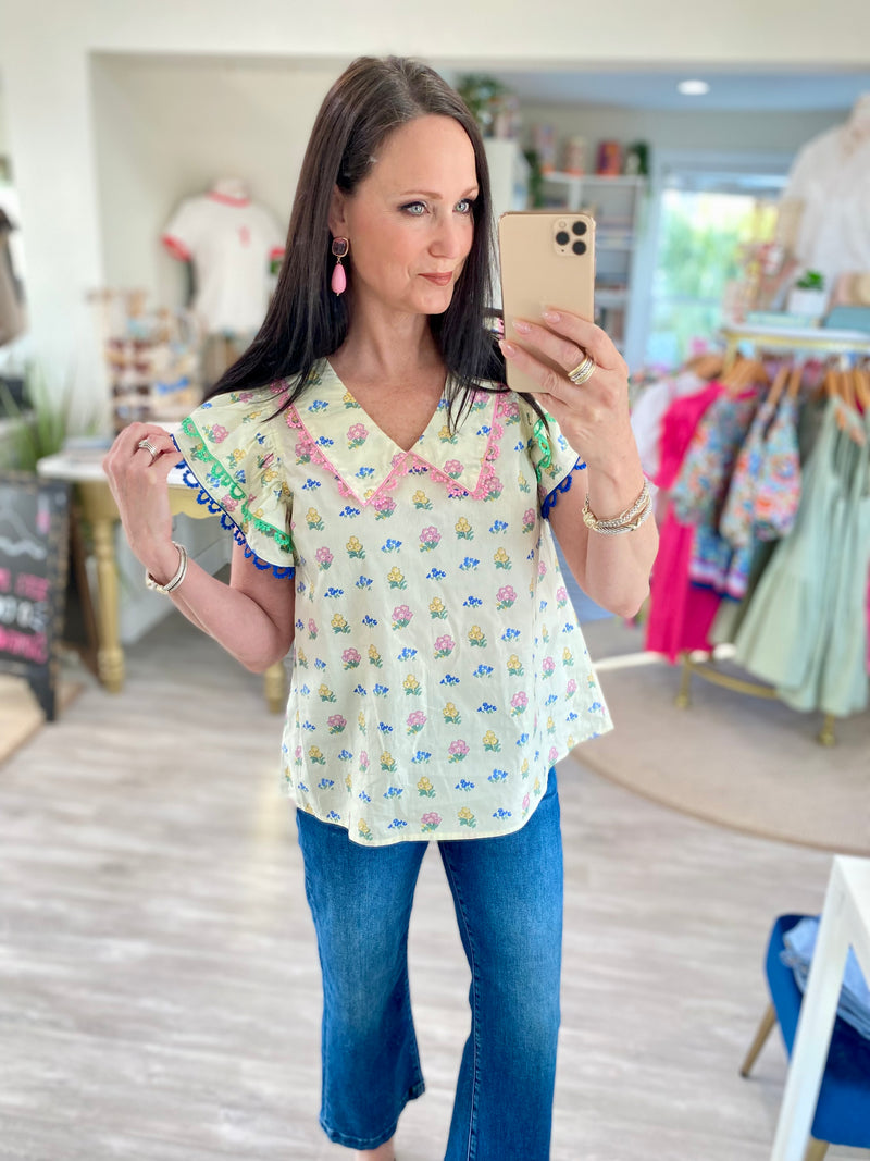 Stamp Floral Print Peter Pan Collar Top