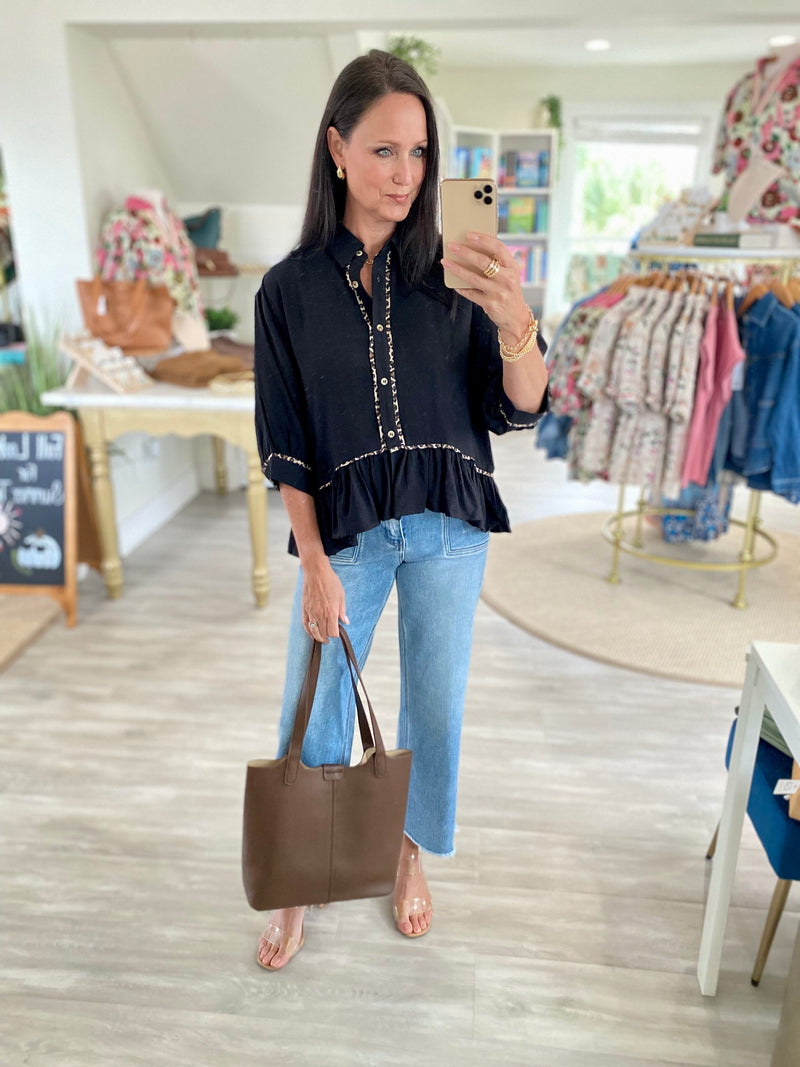 Animal Trim Button Down Peplum Top