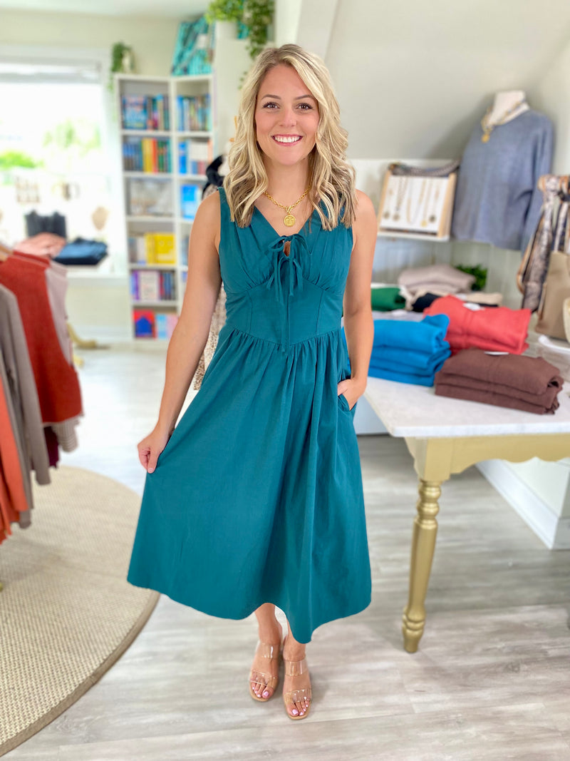 V-Neck Front Tied Fit & Flare Midi Dress