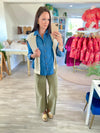 Chambray Collared 3/4 Tab Sleeve Button Down Shirt