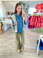 Chambray Collared 3/4 Tab Sleeve Button Down Shirt