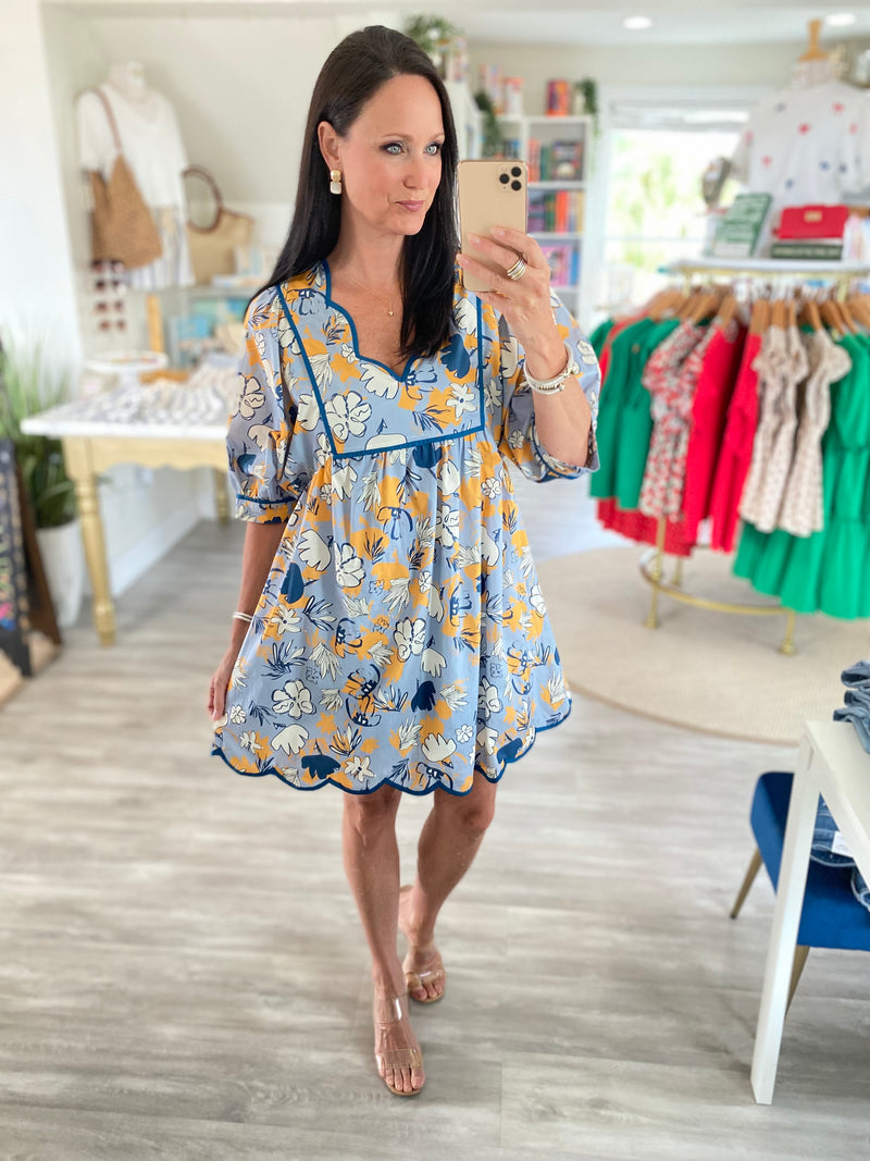 Scalloped Trim Floral Print Mini Dress