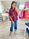 Scalloped Trim Dolman Sleeve Button Down Top