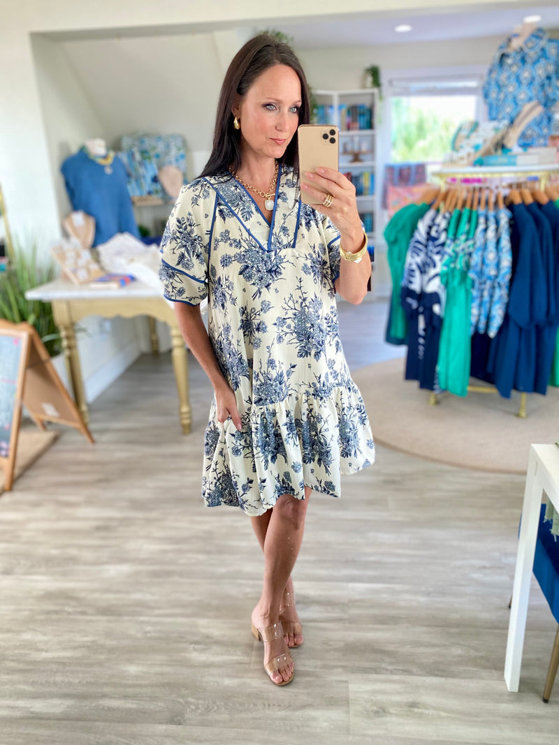 Floral Print Piping Detail V Neck Mini Dress