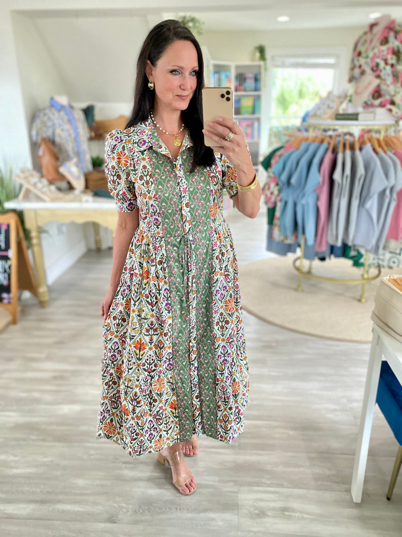 Diamond Floral Pattern Button Down Midi Dress