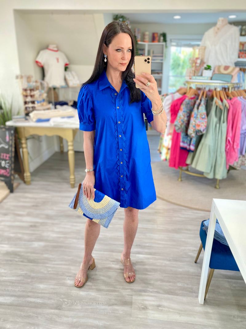 Scalloped Trim Button Down Shirt Dress