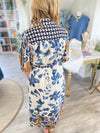Botanical Print 3/4 Sleeve Shirt Midi Dress