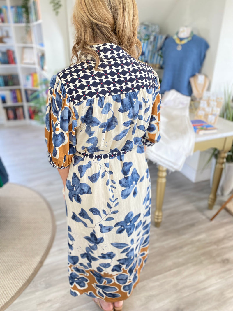 Botanical Print 3/4 Sleeve Shirt Midi Dress